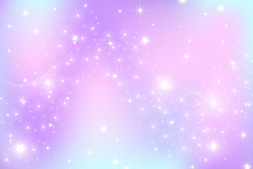 Rainbow unicorn background. Pastel gradient color sky with glitter stars. Magic pink galaxy space. Vector fairy abstract pattern.