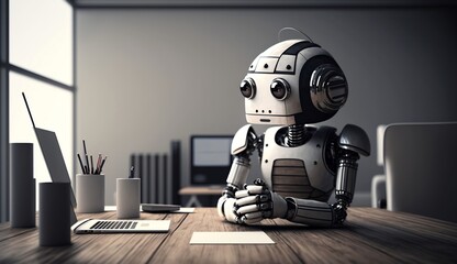 3d rendering of humanoid robot android technology background abstract in office city view. Futuristic cyborg learning laptop computer sitting at desk, Generative Ai.