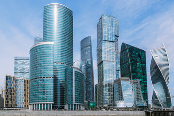 Fototapeta na wymiar View of Skyscrapers of Moscow City district in sunny day. Moscow. Russia