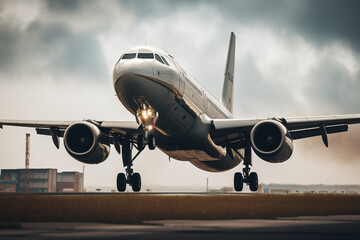 Naklejka premium Under the eye-catching sky, airplanes take off on airport runways or..