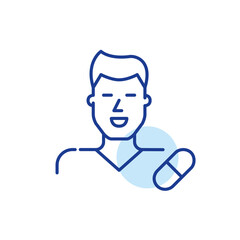 Male pharmacist icon. Smiling man in uniform and pill. Pixel perfect, editable stroke line icon