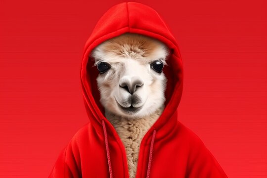 Llama wearing Red pajamas. Virtuality, softwares and technology concept.  AI generated image. 