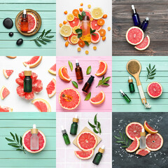 Collage with bottles of grapefruit essential oil, top view