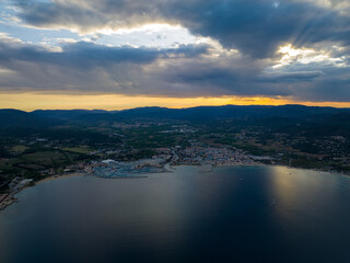 Fototapeta premium Sunset Drone Flight with Panoramas and wide angle shots from DJI Mavic 3