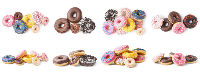Set of different sweet donuts on white background