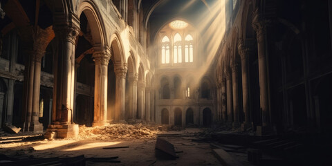 Fototapeta premium Fantasy world, majestic ancient ruins, digital illustrations, backgrounds, game space, AI generated