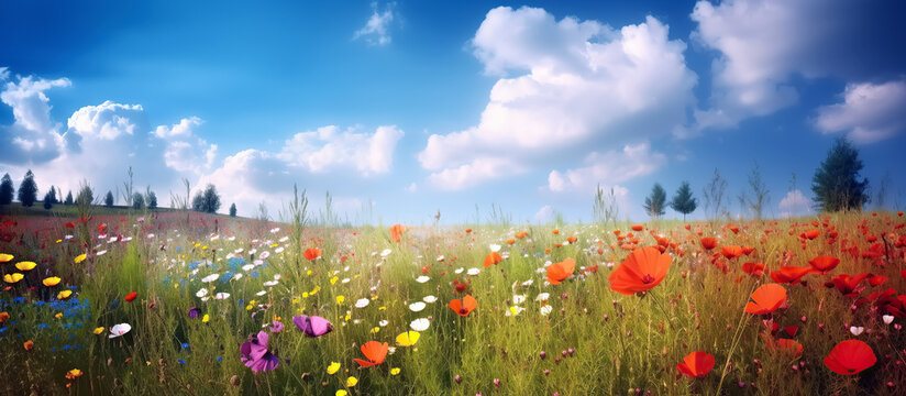 panorama of spring meadows fields with blooming flowers in summer under blue sky. Generative AI illustration © alexkoral