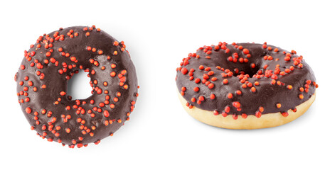 Sweet chocolate donuts on white background