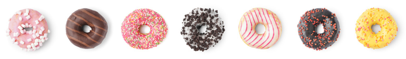 Set of sweet donuts on white background, top view