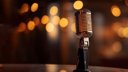 Vintage Microphone on Stage with Bokeh Lights Background. created with Generative AI