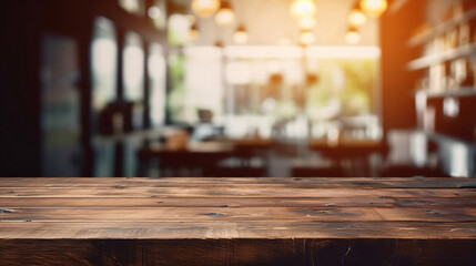 Empty Old Wood Table Top with Blurred Bokeh Cafe and Coffee Shop Interior Background. created with Generative AI