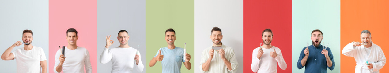 Collage of men with tooth brushes, paste, dental tools and teeth color chart on color background
