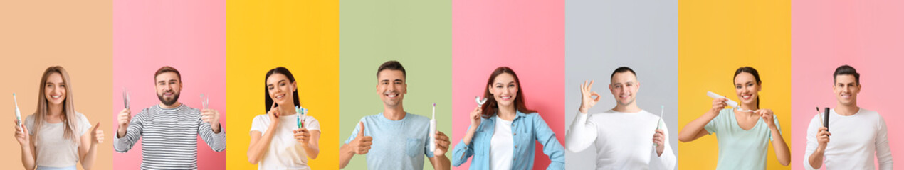 Collage of different people with tooth brushes, paste and dental tools on color background