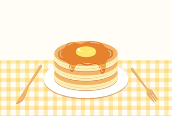 vector background with pancakes with butter and maple syrup on plate for banners, cards, flyers, social media wallpapers, etc.