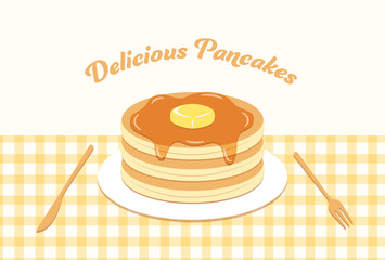 vector background with pancakes with butter and maple syrup on plate for banners, cards, flyers, social media wallpapers, etc.