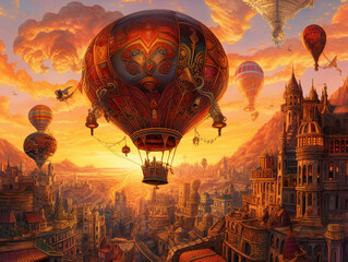 Steampunk Sunset Soiree: A Fantastical Hot Air Balloon Voyage over a Futuristic City