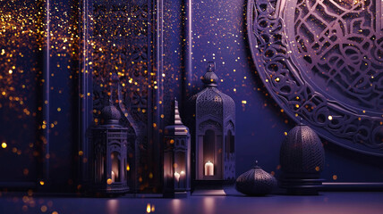 Arabic lantern with burning candle, purple background shiny bokeh. Muslim holy month Ramadan Kareem, symbol of Islamic religion