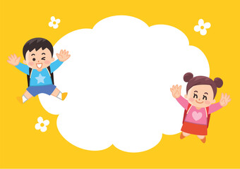 Naklejka premium 私服でランドセルを背負った小学生と吹き出しのイラストセット