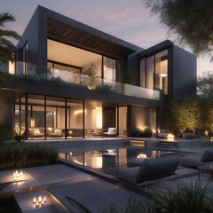 Fototapeta na wymiar Background image of modern villa residential night view