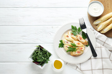 Concept of tasty food, thin pancakes with filling, space for text