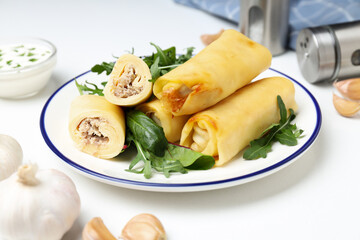 Concept of tasty food, thin pancakes with filling