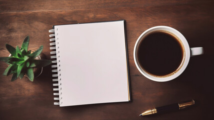 Open Notebook with Blank Pages Next to Cup of Coffee. created with Generative AI