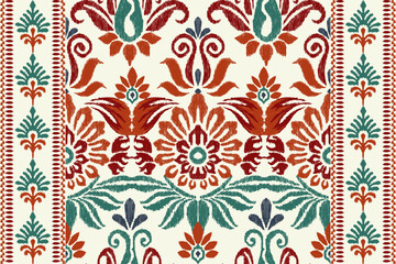 Ikat floral paisley embroidery on white background.Ikat ethnic oriental seamless pattern traditional.Aztec style abstract vector illustration.design for texture,fabric,clothing,wrapping,decoration. - obrazy, fototapety, plakaty