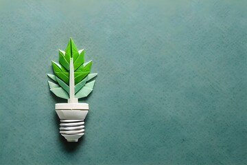 Eco friendly lightbulb made of green paper leaves, the concept of renewable energy and environmental care. Generative AI