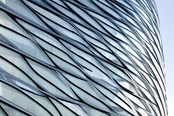 Obraz premium Transparent facade of a modern office building made of glass. Intertwining lines, cell windows. Generative AI