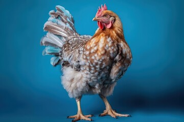 Fototapeta premium Chicken isolated on blue background. Created Generative AI