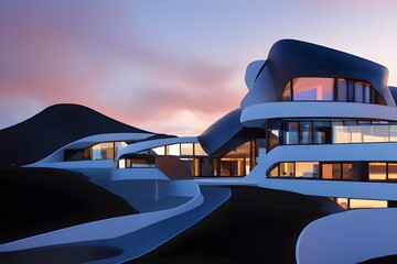The exterior of the modern house embedded into the rock, with elegant lines and panoramic windows. Late evening sky. Generative AI