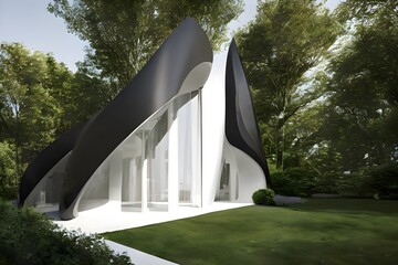 The exterior of the ultra-modern pavilion with elegant lines, perfect shapes and panoramic windows. Cozy green area with grass and trees. Evening sky. Generative AI