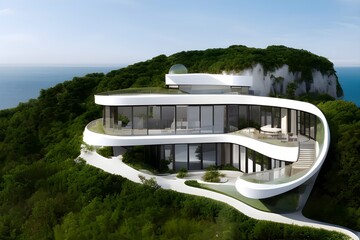 The exterior of the modern house embedded in a rock overgrown with greenery, elegant lines with panoramic windows. With the ocean and sky in the background. Generative AI