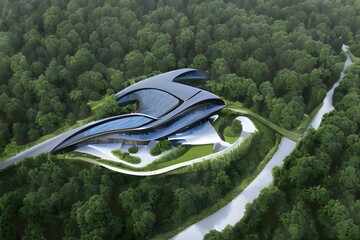 Bird's-eye view of the ultra-modern residence drowning in the greenery of the forest, with elegant perfect shapes and panoramic windows. Concept of futuristic villa. Generative AI