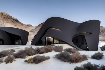 Exterior of the ultra-modern black house with stunning architecture and elegant lines. A desert landscape with a small amount of vegetation. Generative AI