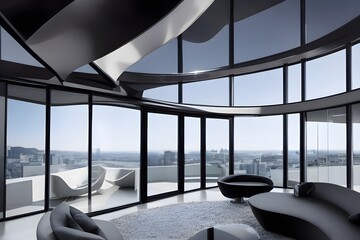Clean and bright modern penthouse living room with fully panoramic windows and city views, armchairs, sofa, carpet and balcony. Generative AI