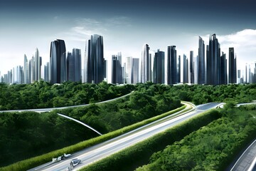Panorama of a futuristic urban landscape, surrounded by greenery. The symbiosis of skyscraper spires and natural biological life. Eco-friendly environment. Generative AI