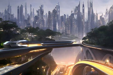 Panorama of a futuristic urban landscape with trees. The seething evening life of the multilevel megalopolis of the future. Train and lights. Generative AI