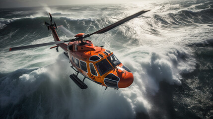 Red rescue helicopter lifts people out of a stormy sea. - obrazy, fototapety, plakaty