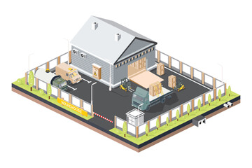 Isometric Distribution Logistic Center. Warehouse Storage Facilities with Trucks. Loading Discharging Terminal.