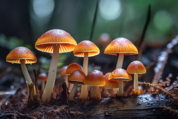 A group of small mushrooms growing on the forest floor and grass..