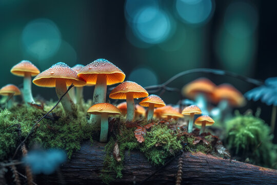 A Group Of Small Mushrooms Growing On The Forest Floor And Grass..