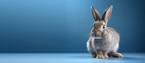 Fototapeta premium Cute Rabbit isolated on blue background, Banner with copy space. Created Generative AI