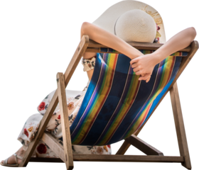 Rear view of relax traveler asian woman sitting on beach chair isolated transparent background