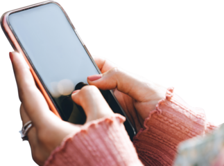 Woman hand typing text with smartphone isolated transparent background