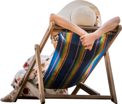 Rear view of relax traveler asian woman sitting on beach chair isolated transparent background - Powered by Adobe