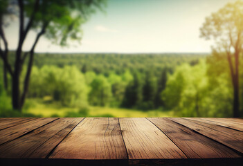 Fuzzy forest background and partial landscape of garden wooden tabletop