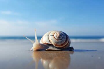 Sea Snail on tropical sea and sandy beach blue sky background. Created Generative Ai
