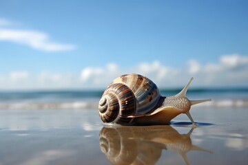 Sea Snail on tropical sea and sandy beach blue sky background. Created Generative Ai