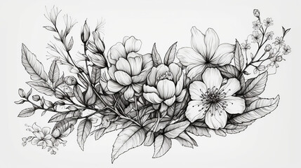 Black & White Hand Drawing Of Magnolia With Leaves On Isolated Background, Generative Ai